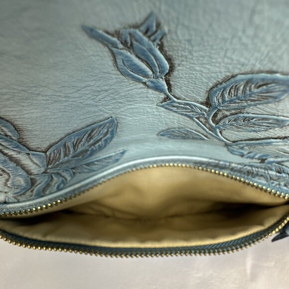 Cuoieria Fiorentina Embossed Blue Floral Leather Crossbody Bag Gold Chain Strap - Picture 11 of 14